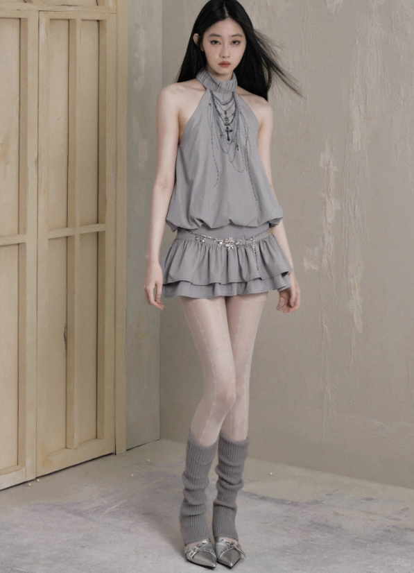 Ethereal Cascade Halter Dress and Shorts Set