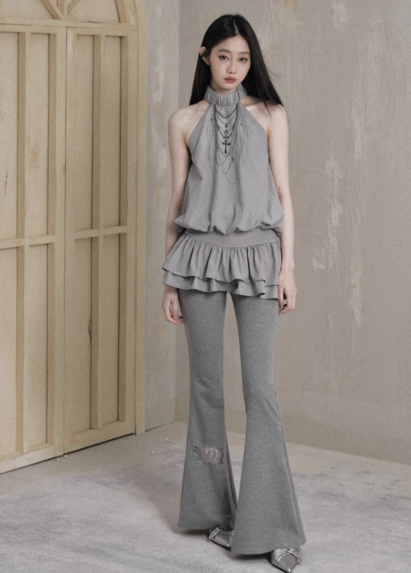Ethereal Cascade Halter Dress and Shorts Set