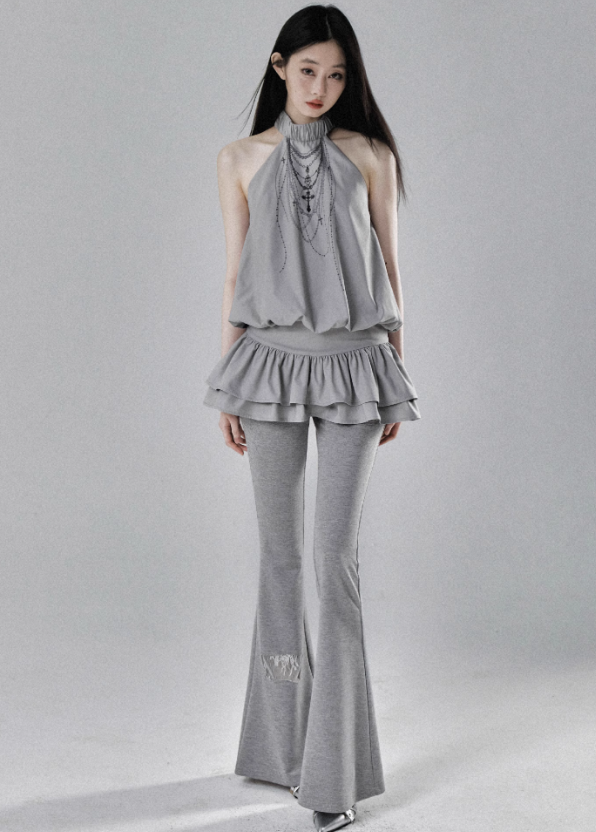 Ethereal Cascade Halter Dress and Shorts Set