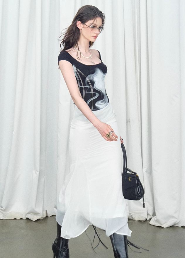 Monochrome Illusion Layered Vest Dress