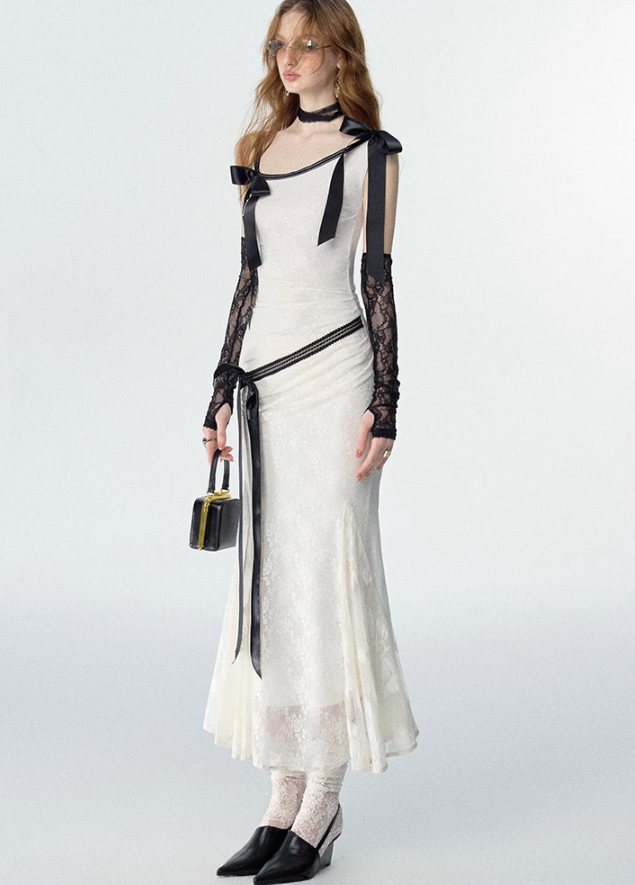 Detachable Bow Lace Spliced Suspender Dress