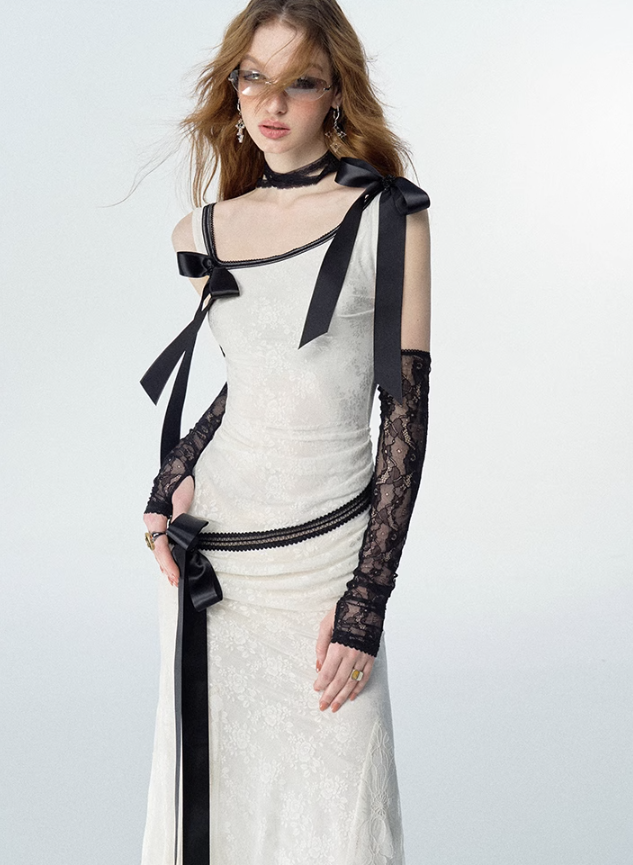 Detachable Bow Lace Spliced Suspender Dress