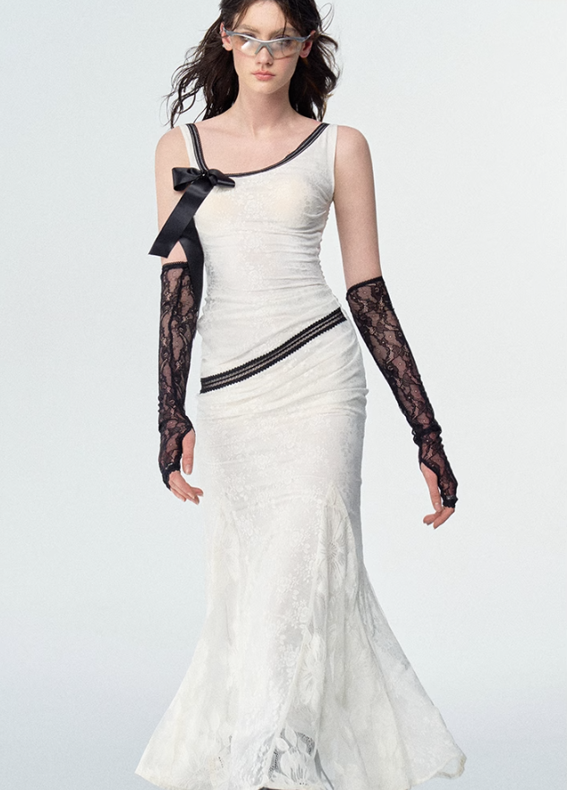 Detachable Bow Lace Spliced Suspender Dress