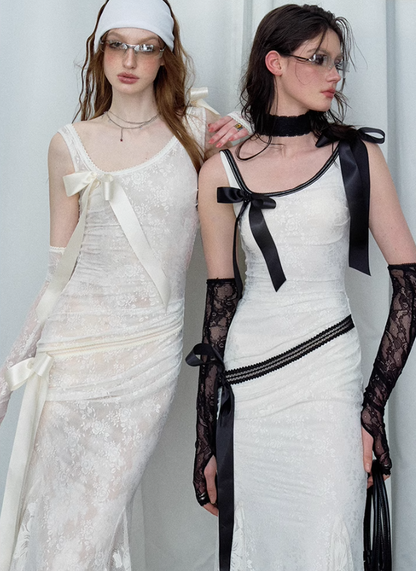 Detachable Bow Lace Spliced Suspender Dress