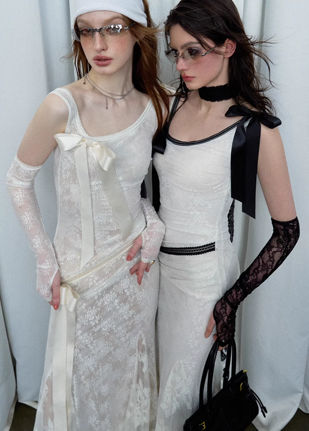 Detachable Bow Lace Spliced Suspender Dress