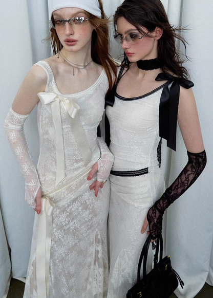 Detachable Bow Lace Spliced Suspender Dress