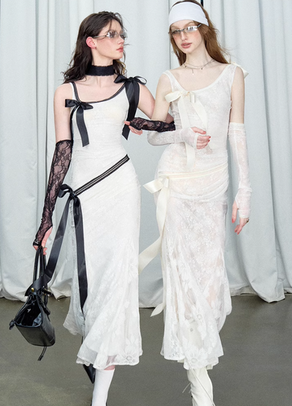 Detachable Bow Lace Spliced Suspender Dress