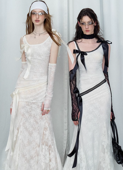Detachable Bow Lace Spliced Suspender Dress