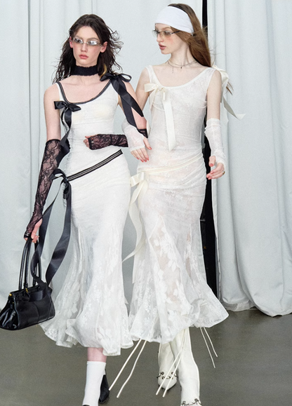 Detachable Bow Lace Spliced Suspender Dress