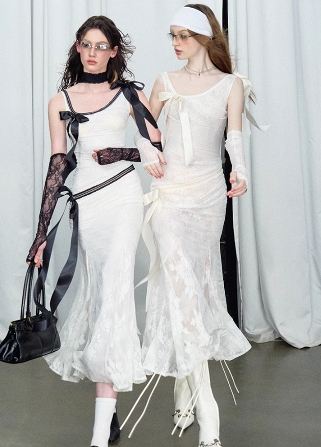 Detachable Bow Lace Spliced Suspender Dress