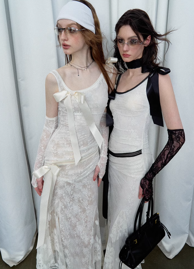 Detachable Bow Lace Spliced Suspender Dress