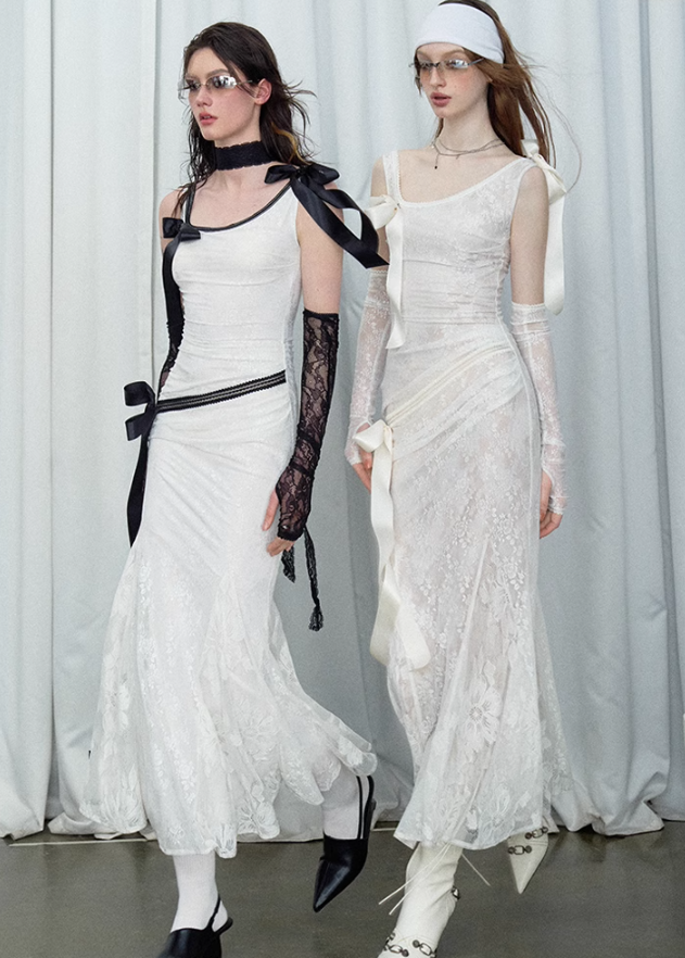 Detachable Bow Lace Spliced Suspender Dress