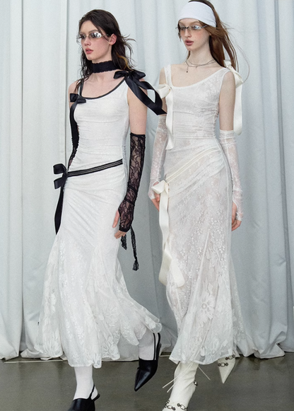 Detachable Bow Lace Spliced Suspender Dress