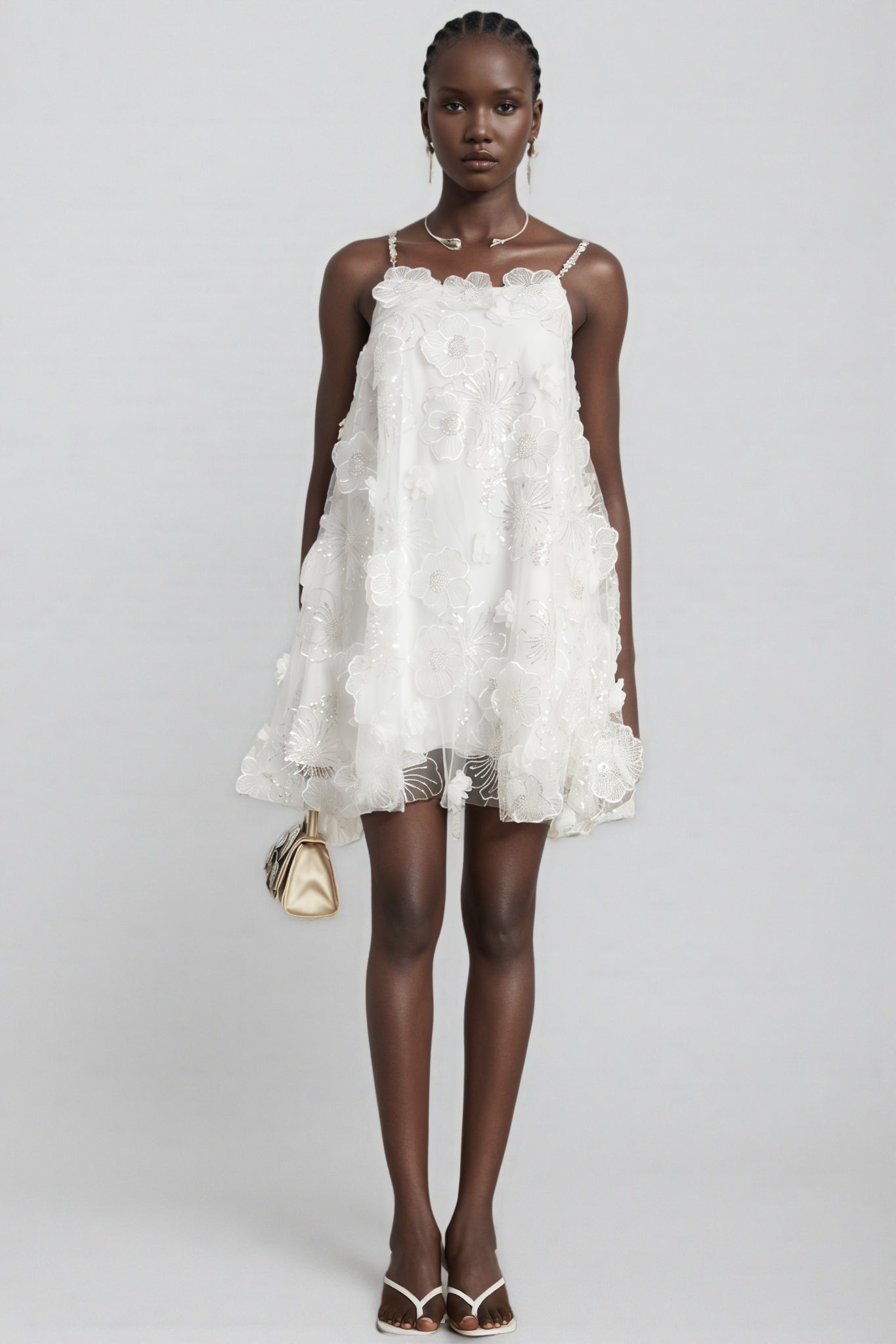 Darirke White Flower Sequin Mesh Mini Dress