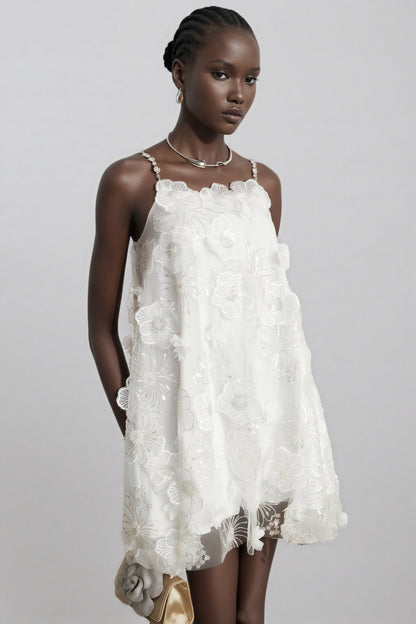 Darirke White Flower Sequin Mesh Mini Dress