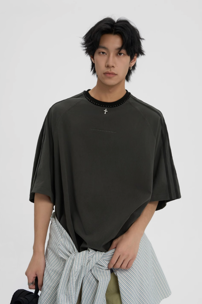 Beaded Neck Striped T-shirt