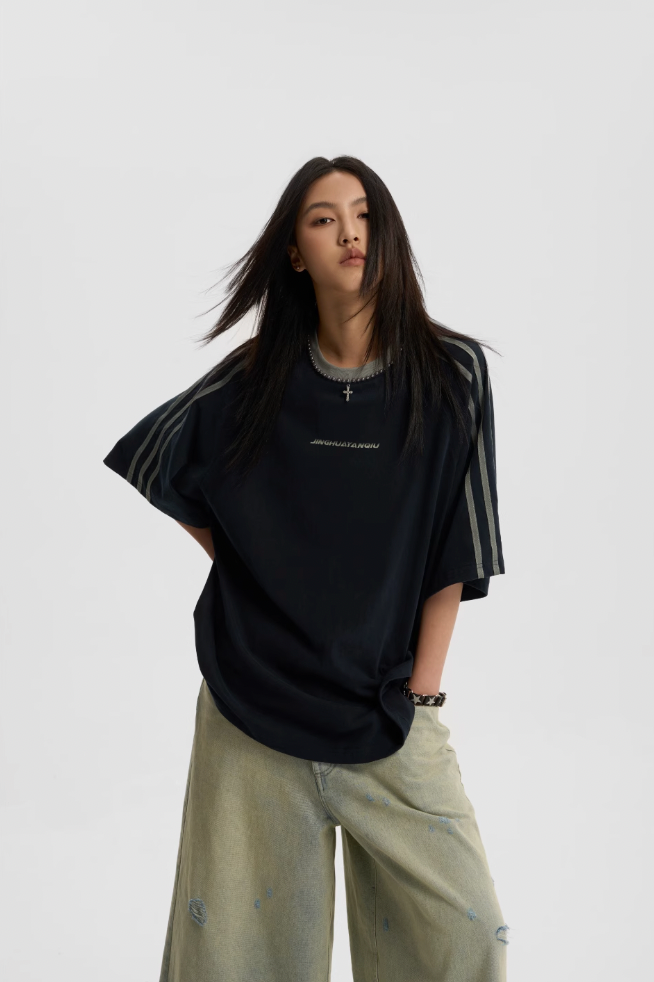 Beaded Neck Striped T-shirt