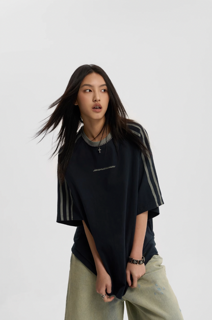 Beaded Neck Striped T-shirt