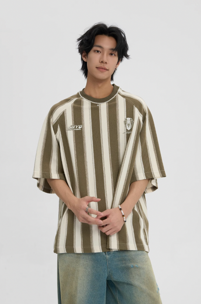 Contrast Striped Neck Beaded T-shirt
