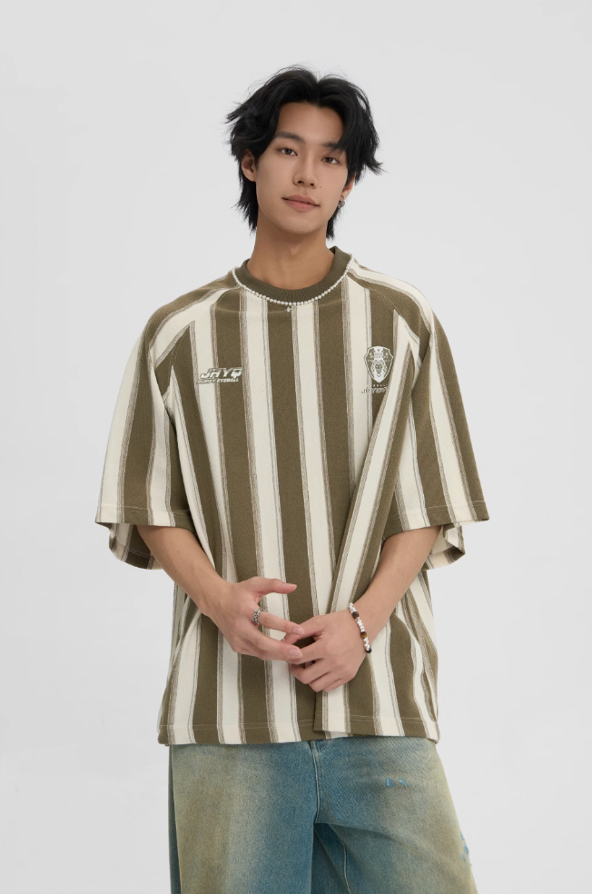 Contrast Striped Neck Beaded T-shirt