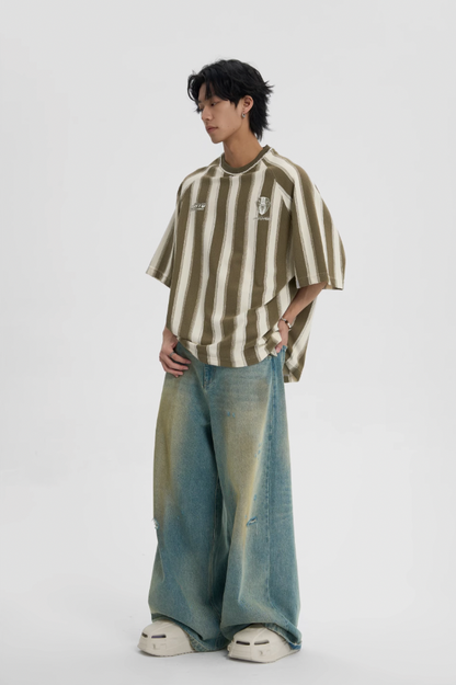 Contrast Striped Neck Beaded T-shirt