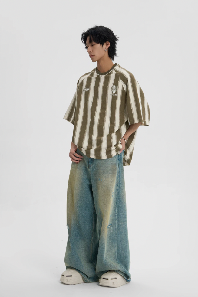 Contrast Striped Neck Beaded T-shirt