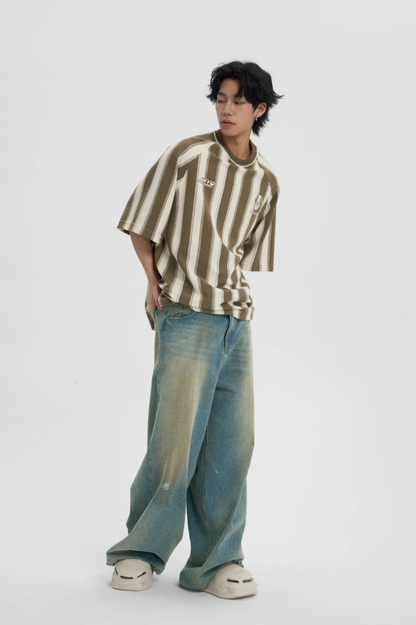 Contrast Striped Neck Beaded T-shirt