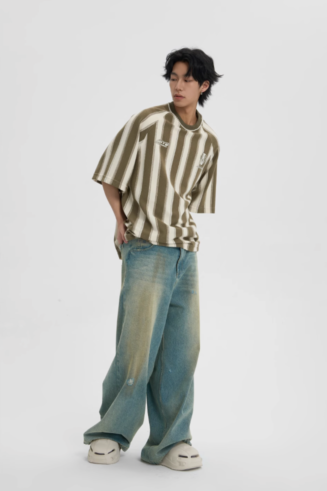 Contrast Striped Neck Beaded T-shirt