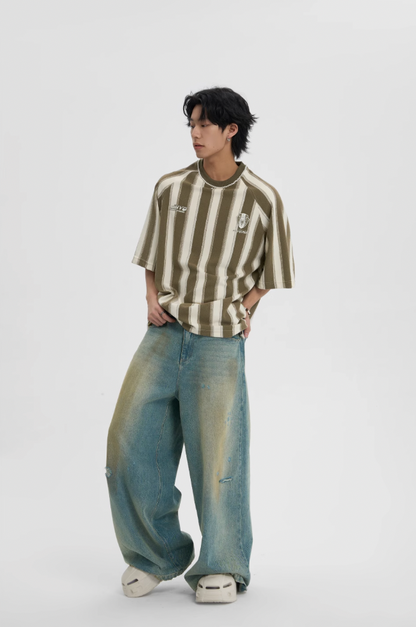 Contrast Striped Neck Beaded T-shirt