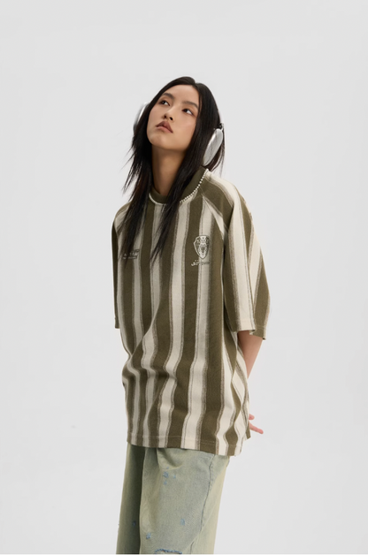 Contrast Striped Neck Beaded T-shirt