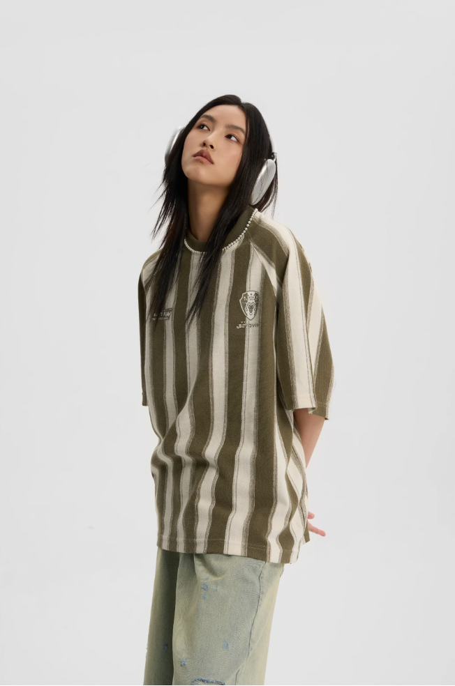 Contrast Striped Neck Beaded T-shirt