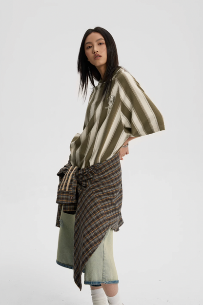 Contrast Striped Neck Beaded T-shirt