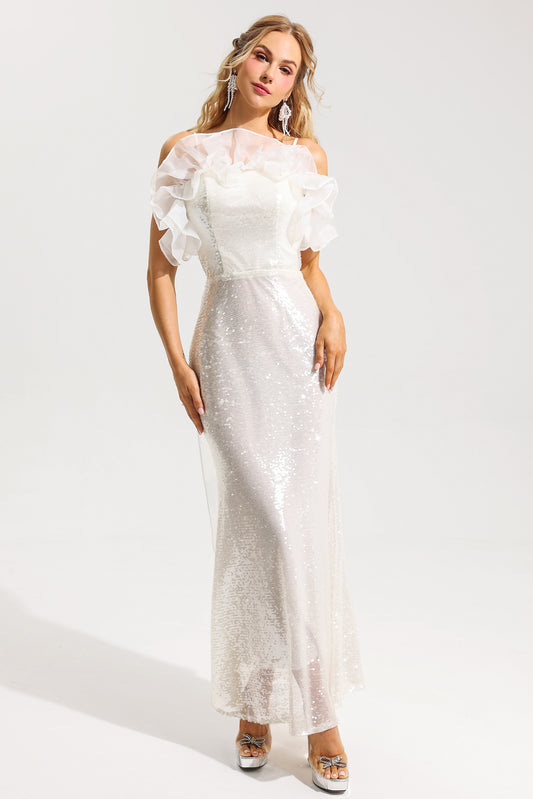 Sequin Off-shoulder Frill Maxi Dress