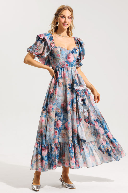 Frill Puff Sleeve Sweetheart Neck Maxi Dress