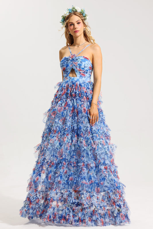 3d Halter Neck Frill Maxi Dress