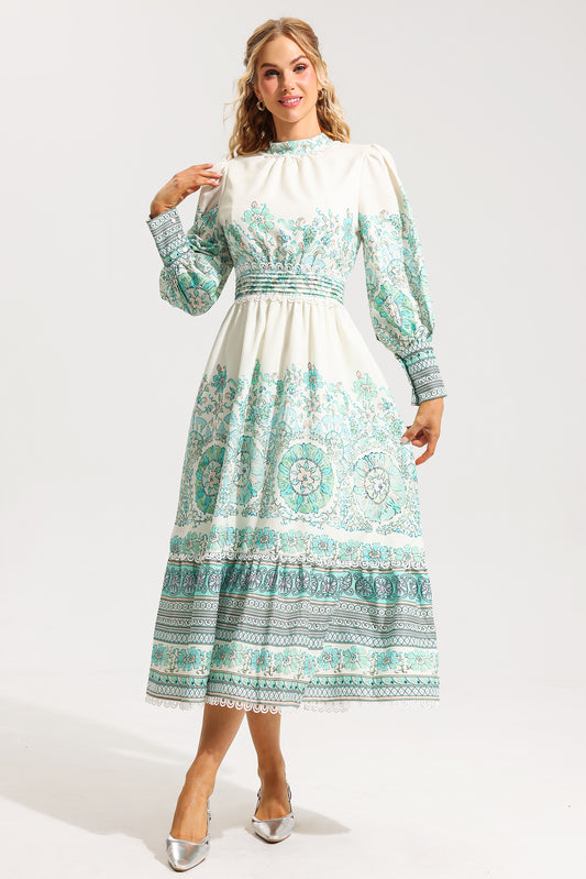 Lantern Sleeve Pleated Midi Dress