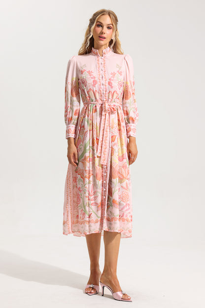 Bottom Lantern Sleeve Midi Dress With Belt