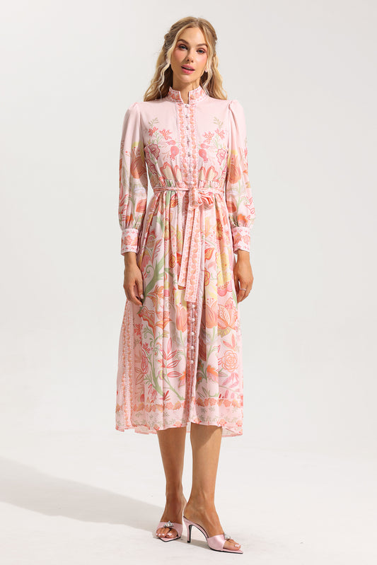 Bottom Lantern Sleeve Midi Dress With Belt