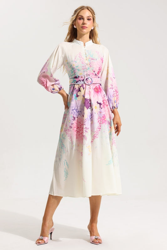 Bottom Lantern Sleeve Midi Dress With Belt