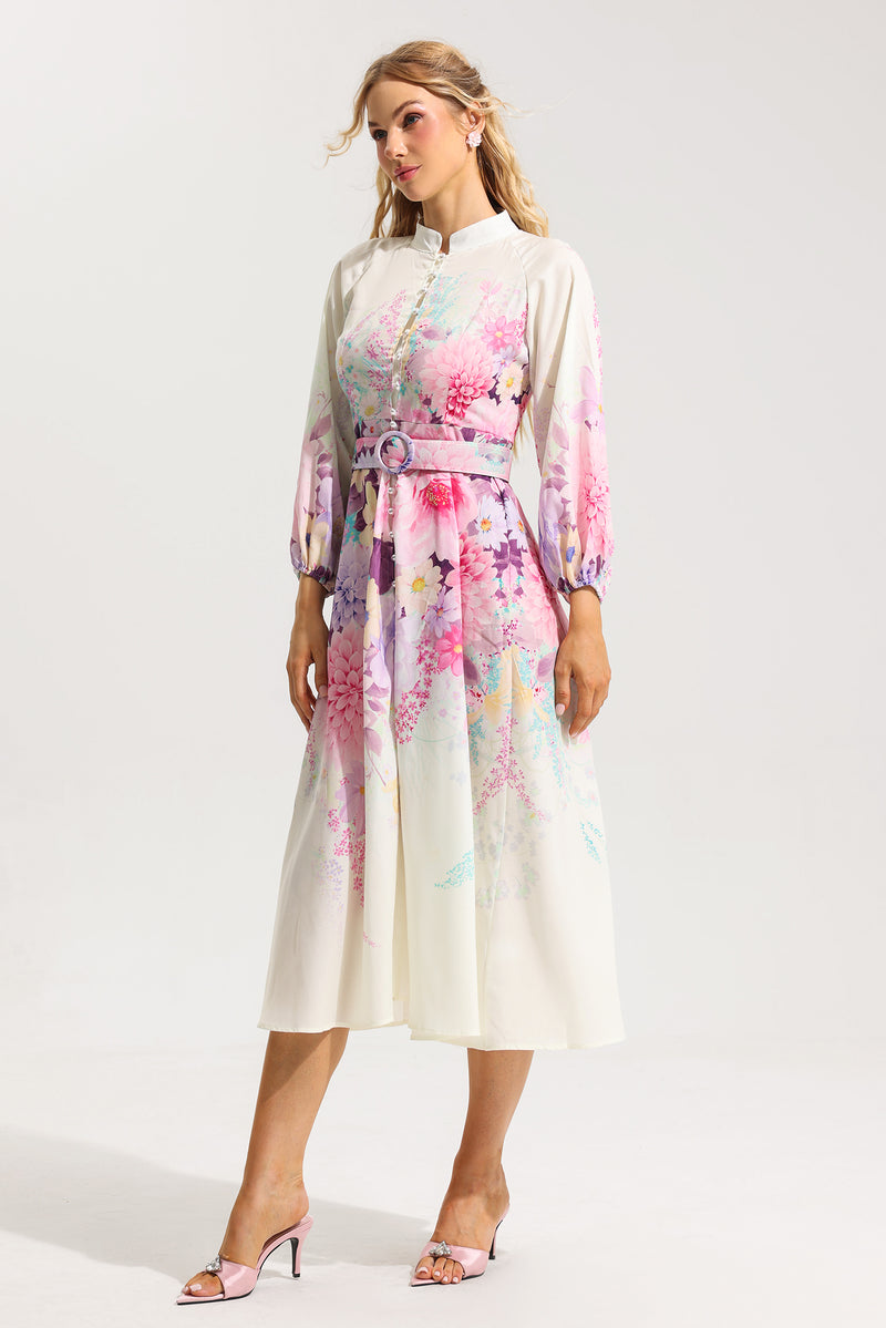 Bottom Lantern Sleeve Midi Dress With Belt