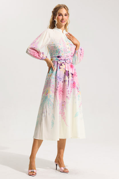 Bottom Lantern Sleeve Midi Dress With Belt