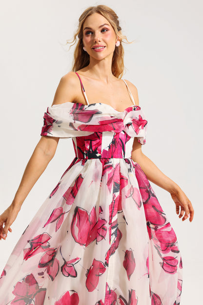 Off-shoulder Pleated Midi Dress