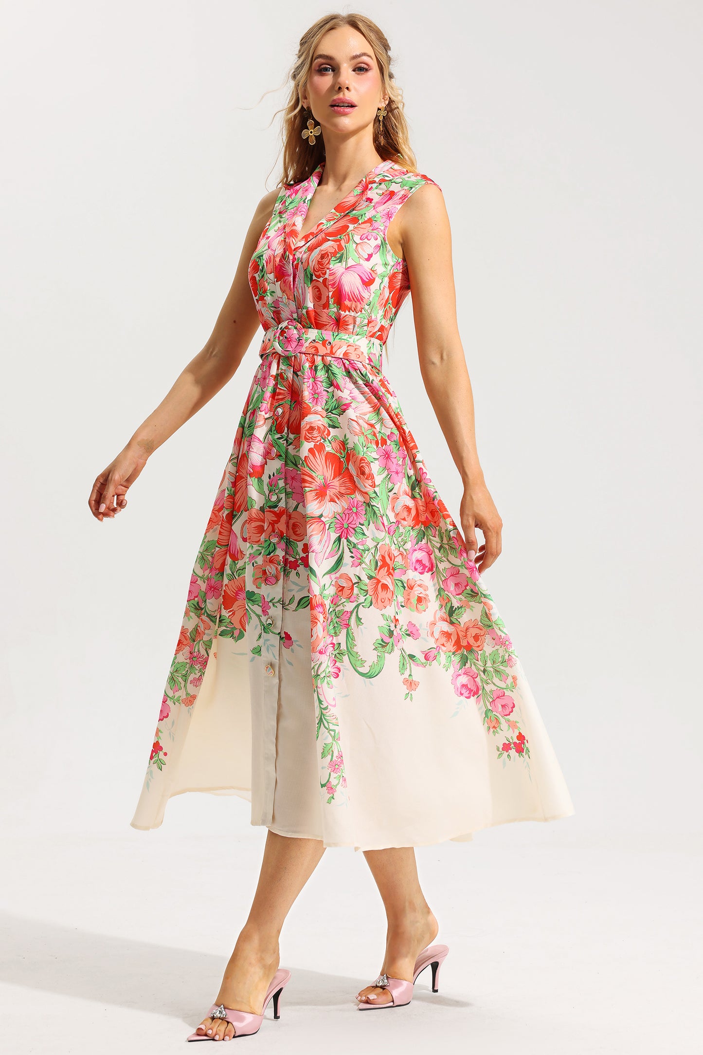Bottom Sleeveless Midi Dress With Belt