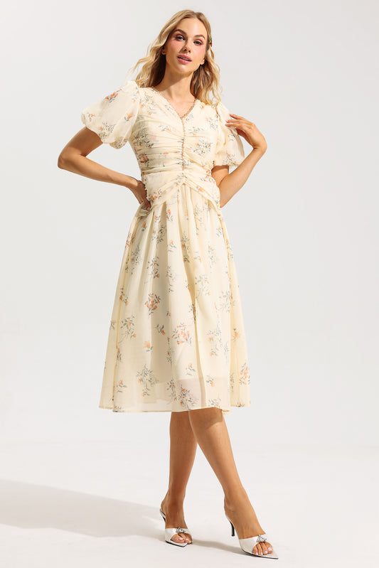 V-neck Short Sleeve Midi Dress