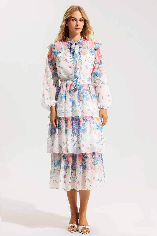 Ruffle Long Sleeve Midi Dress With Belt