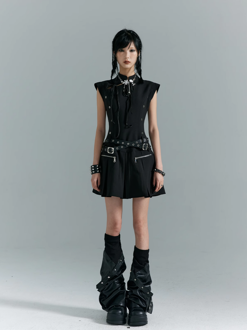Frustration Garden Gothic Punk Mini Dress - Black Sleeveless A-line With Zipper Pockets and Belt