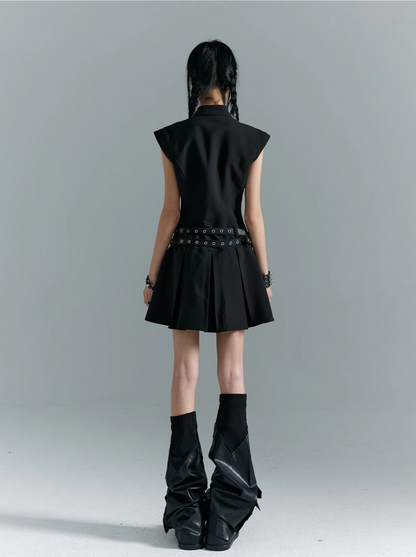 Frustration Garden Gothic Punk Mini Dress - Black Sleeveless A-line With Zipper Pockets and Belt