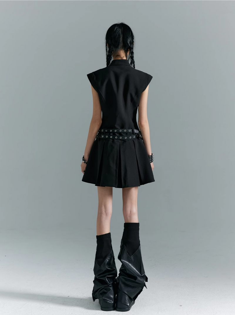 Frustration Garden Gothic Punk Mini Dress - Black Sleeveless A-line With Zipper Pockets and Belt