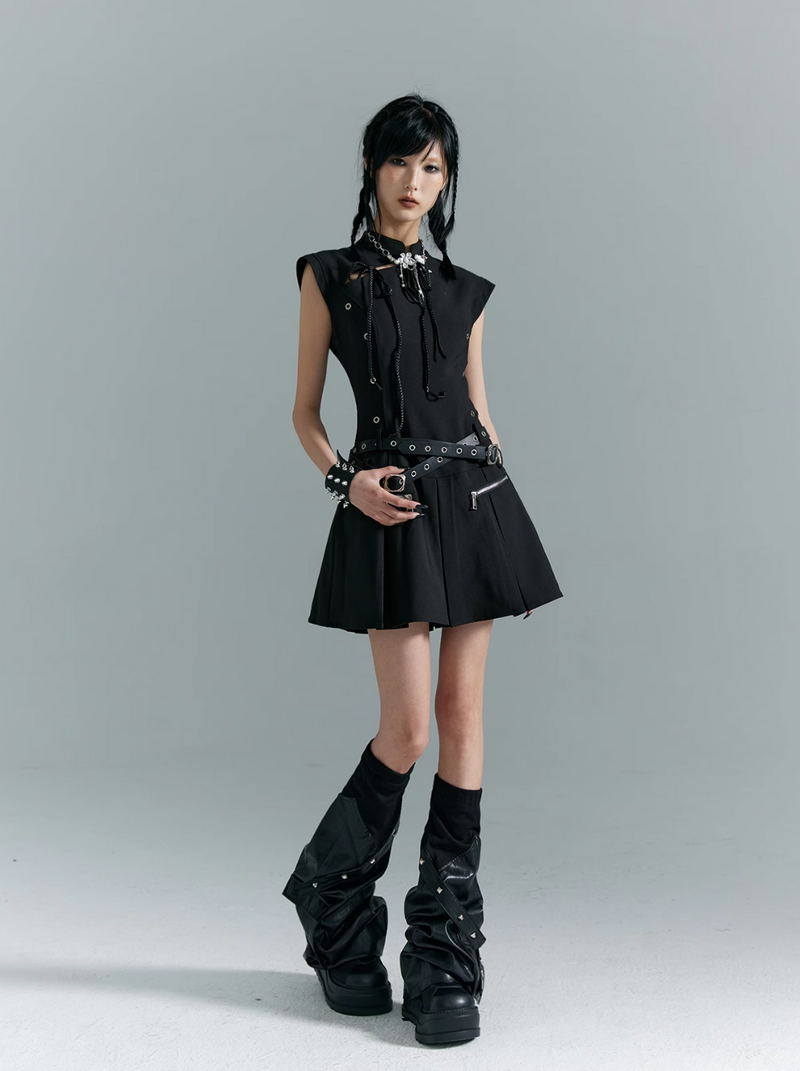 Frustration Garden Gothic Punk Mini Dress - Black Sleeveless A-line With Zipper Pockets and Belt