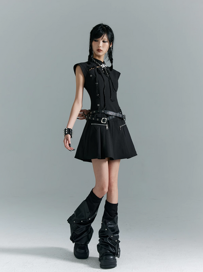 Frustration Garden Gothic Punk Mini Dress - Black Sleeveless A-line With Zipper Pockets and Belt